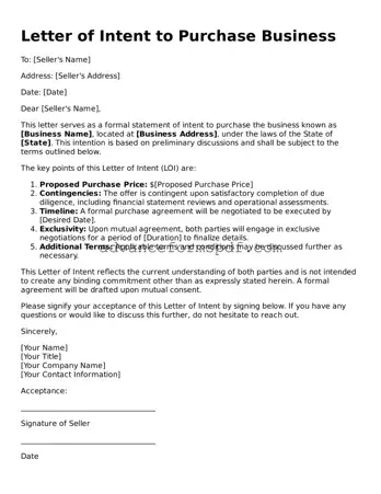 Free Letter of Intent to Purchase Business Document