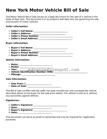 Valid Motor Vehicle Bill of Sale Form for the State of New York