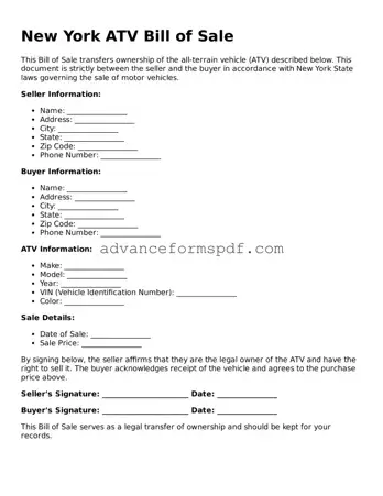 Valid ATV Bill of Sale Form for the State of New York