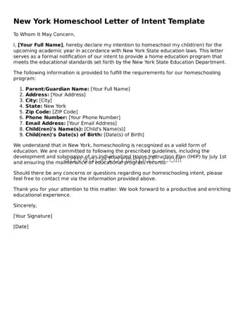 Valid Homeschool Letter of Intent Form for the State of New York