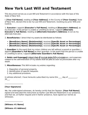 Valid Last Will and Testament Form for the State of New York