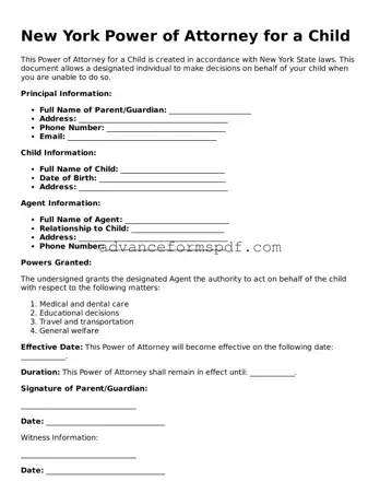Valid Power of Attorney for a Child Form for the State of New York