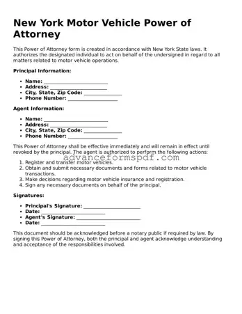 Valid Motor Vehicle Power of Attorney Form for the State of New York