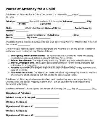 Free Power of Attorney for a Child Document