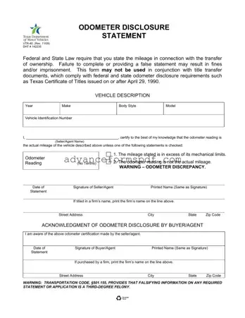 Download Texas Odometer Statement Form in PDF
