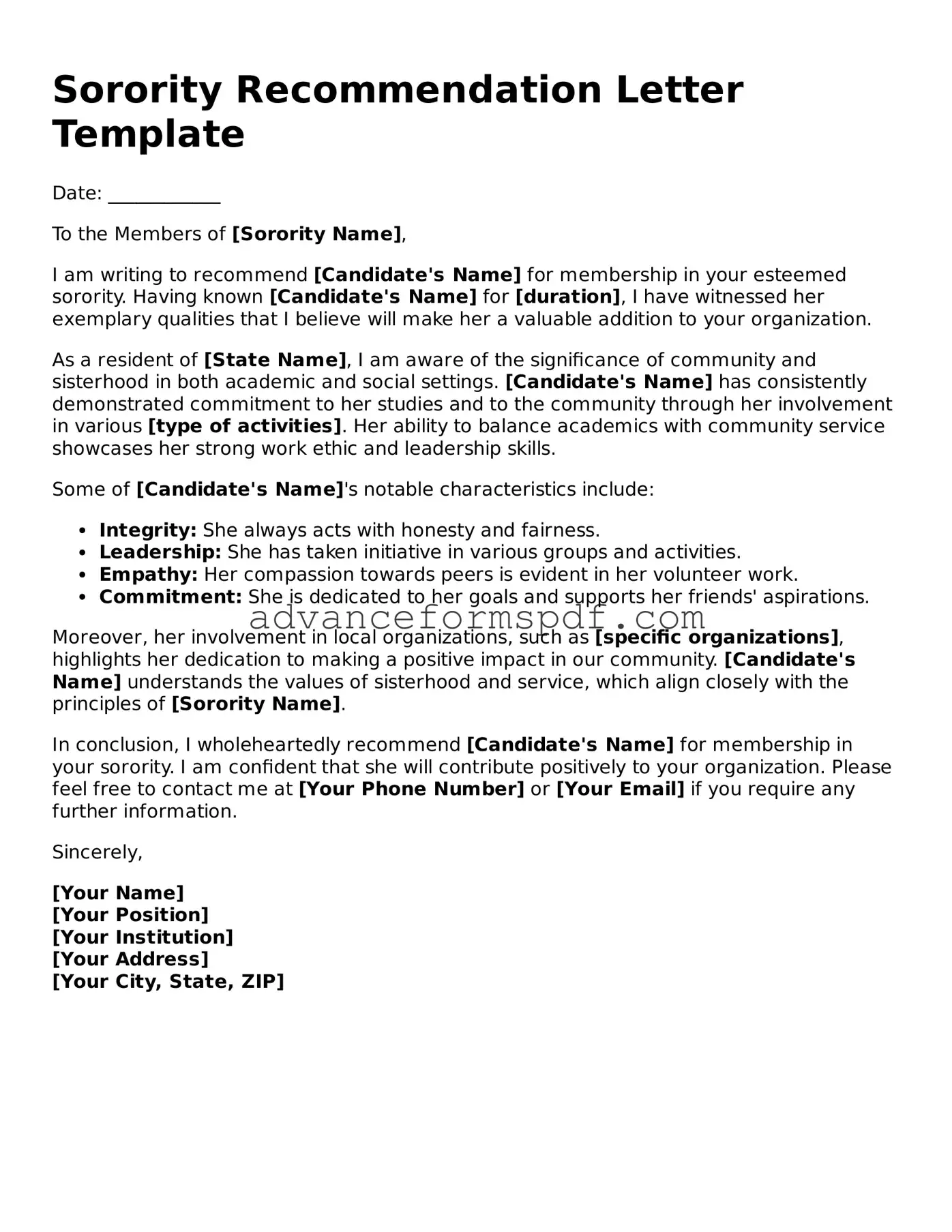Free Sorority Recommendation Letter Document