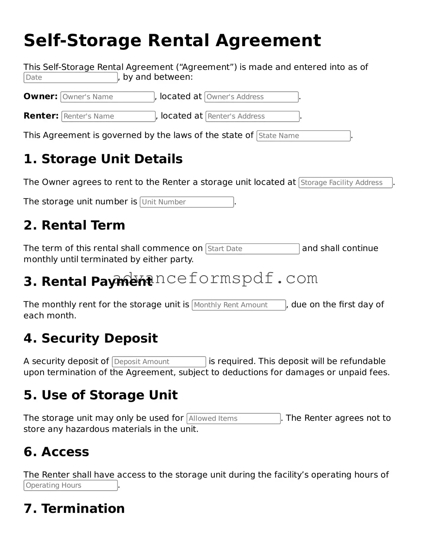 Free Self-Storage Rental Agreement Document