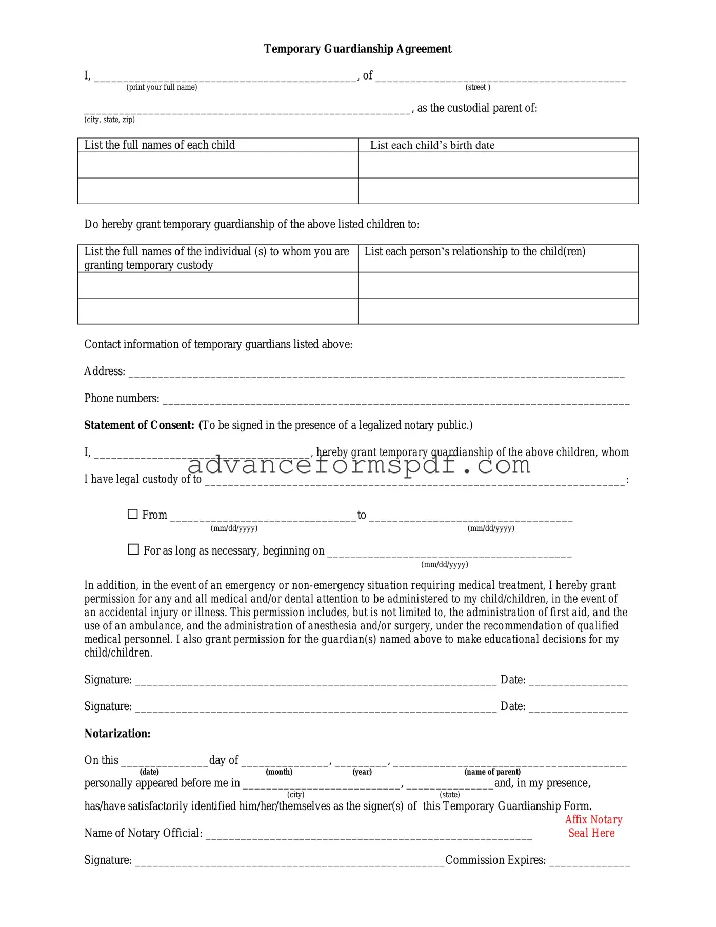 Download Temporary Custody Form in PDF