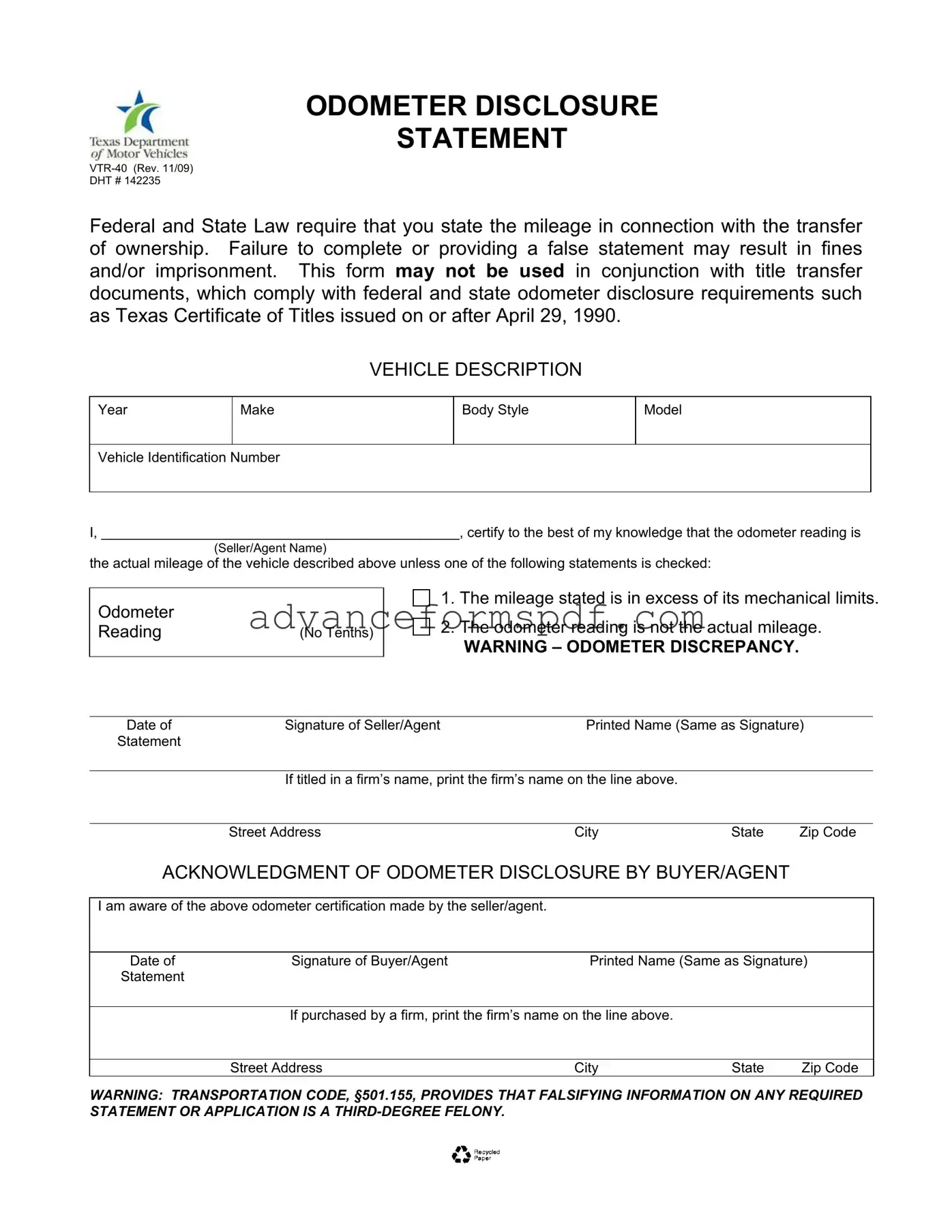 Download Texas Odometer Statement Form in PDF