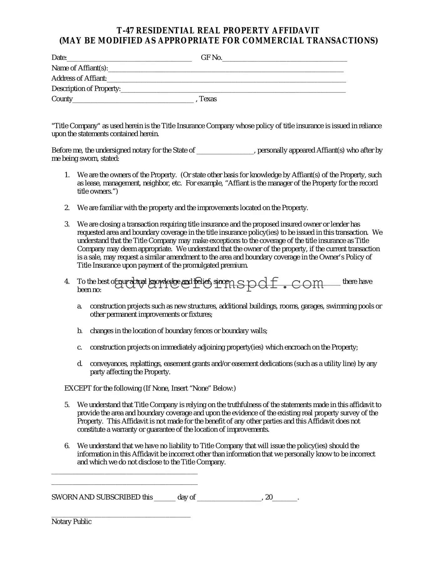 Download Texas residential property affidavit T-47 Form in PDF