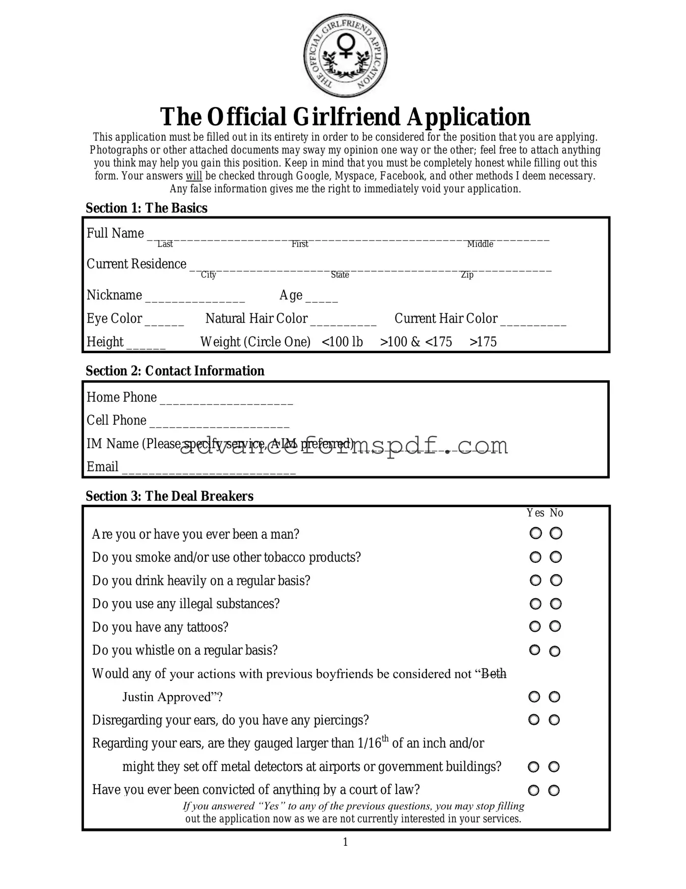 Download Girlfriend Application Form in PDF
