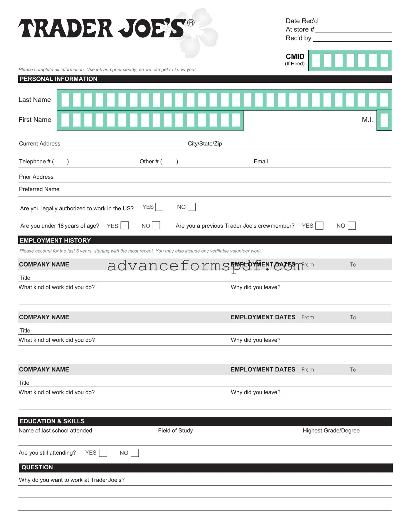 Download Trader Joe's application Form in PDF