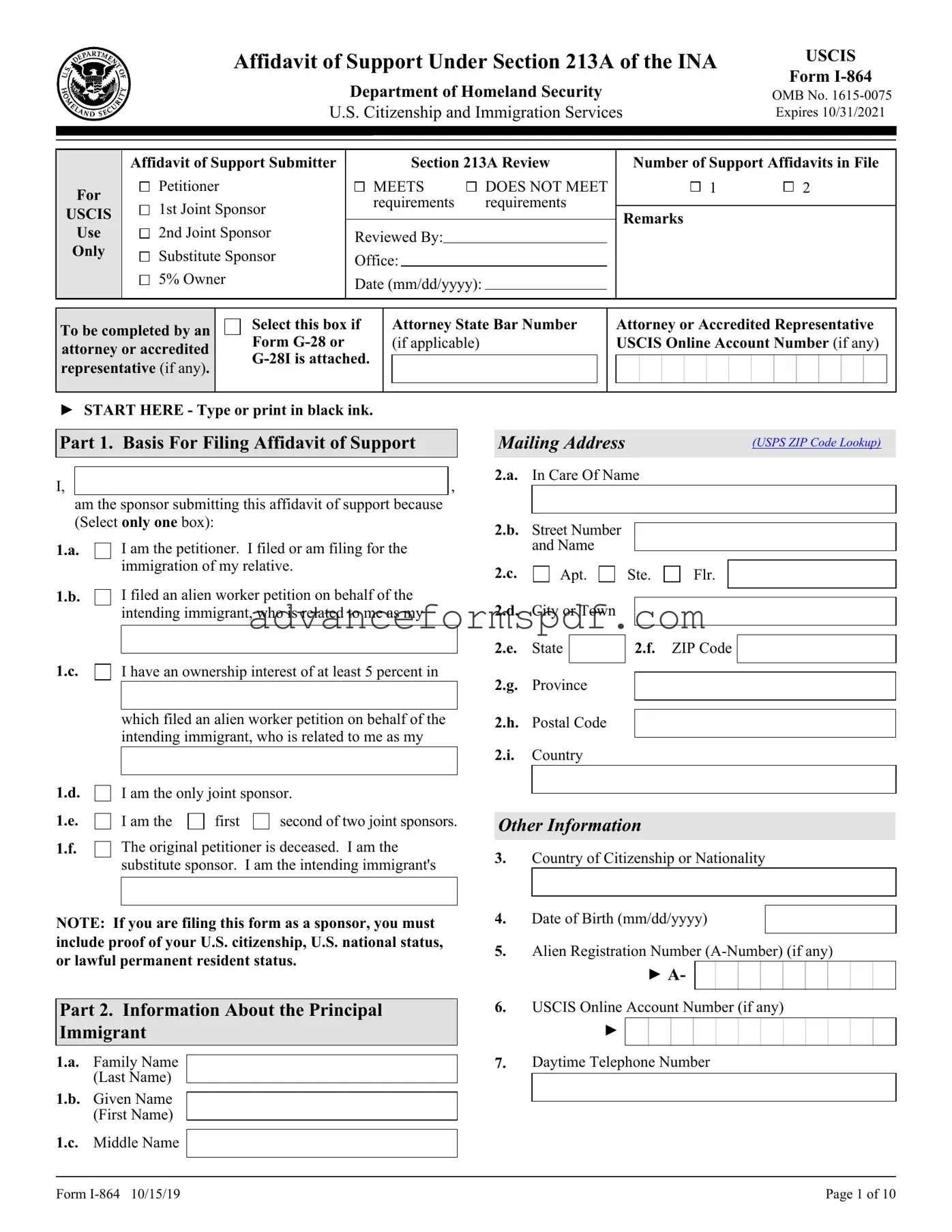 Download USCIS I-864 Form in PDF