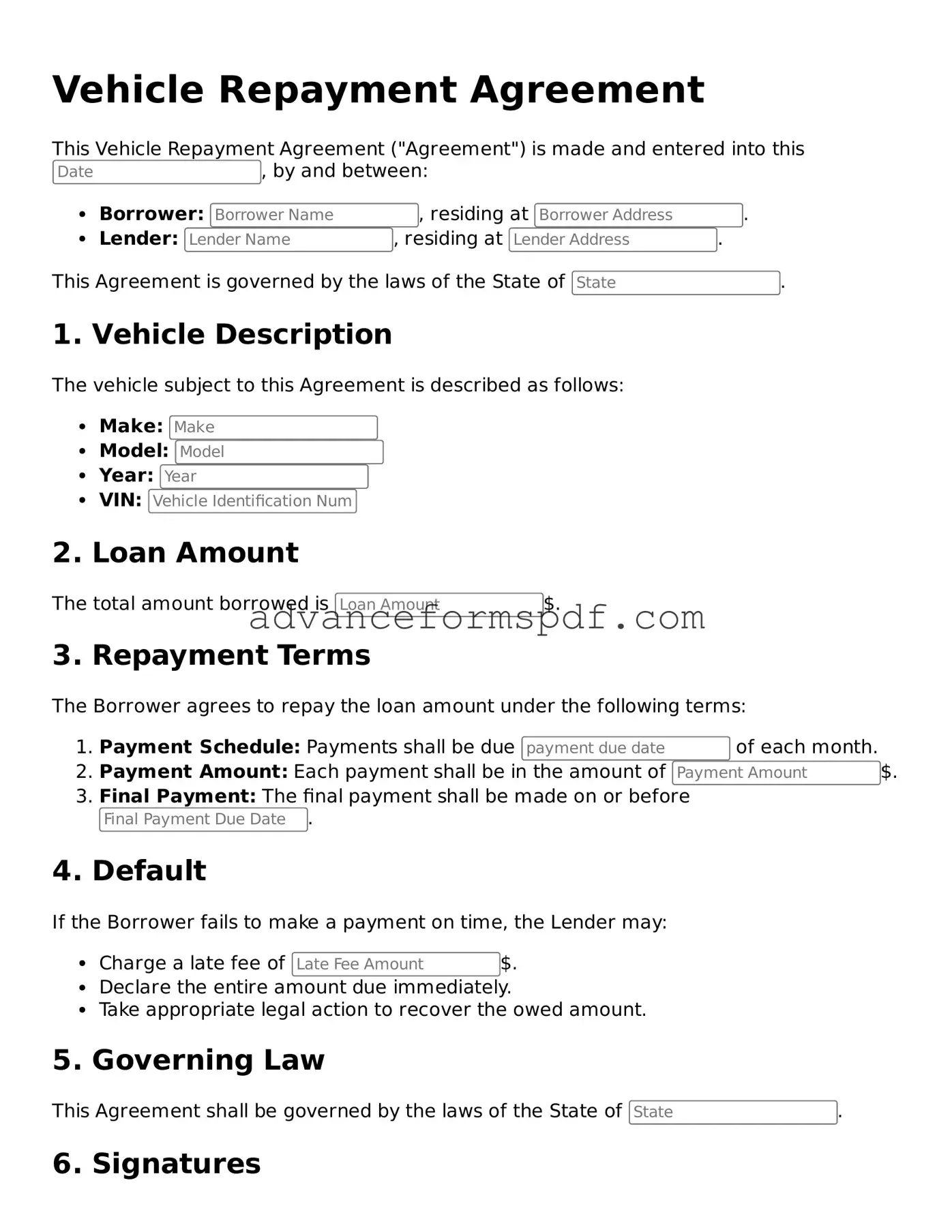 Free Vehicle Repayment Agreement Document