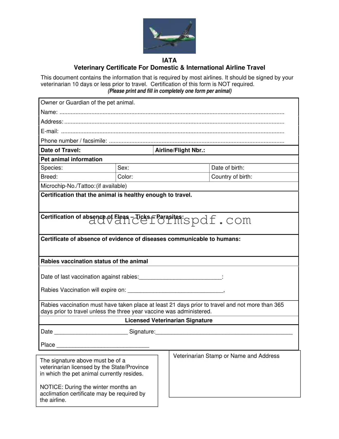 Download Veterinary Certificate Travel Form in PDF