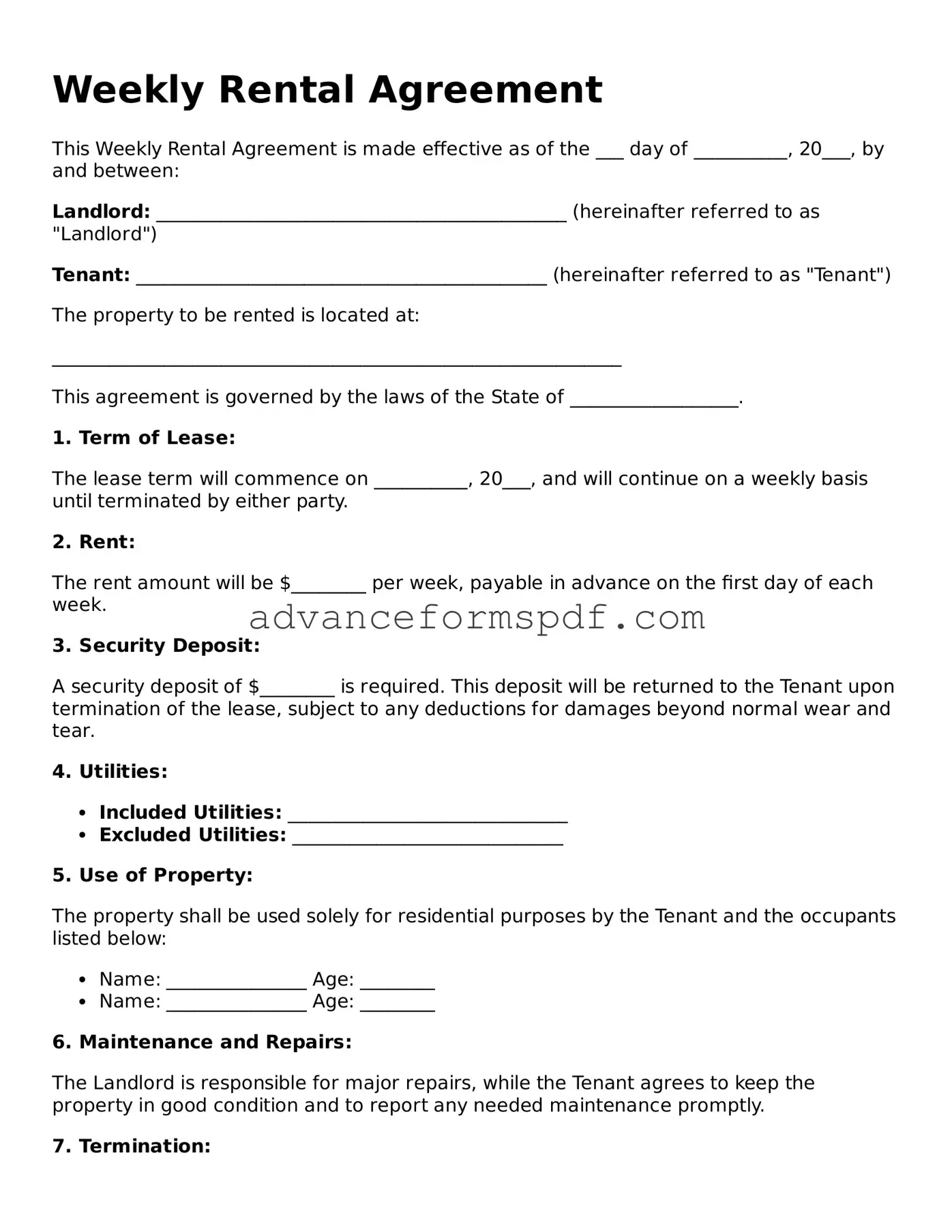 Free Weekly Rental Agreement Document