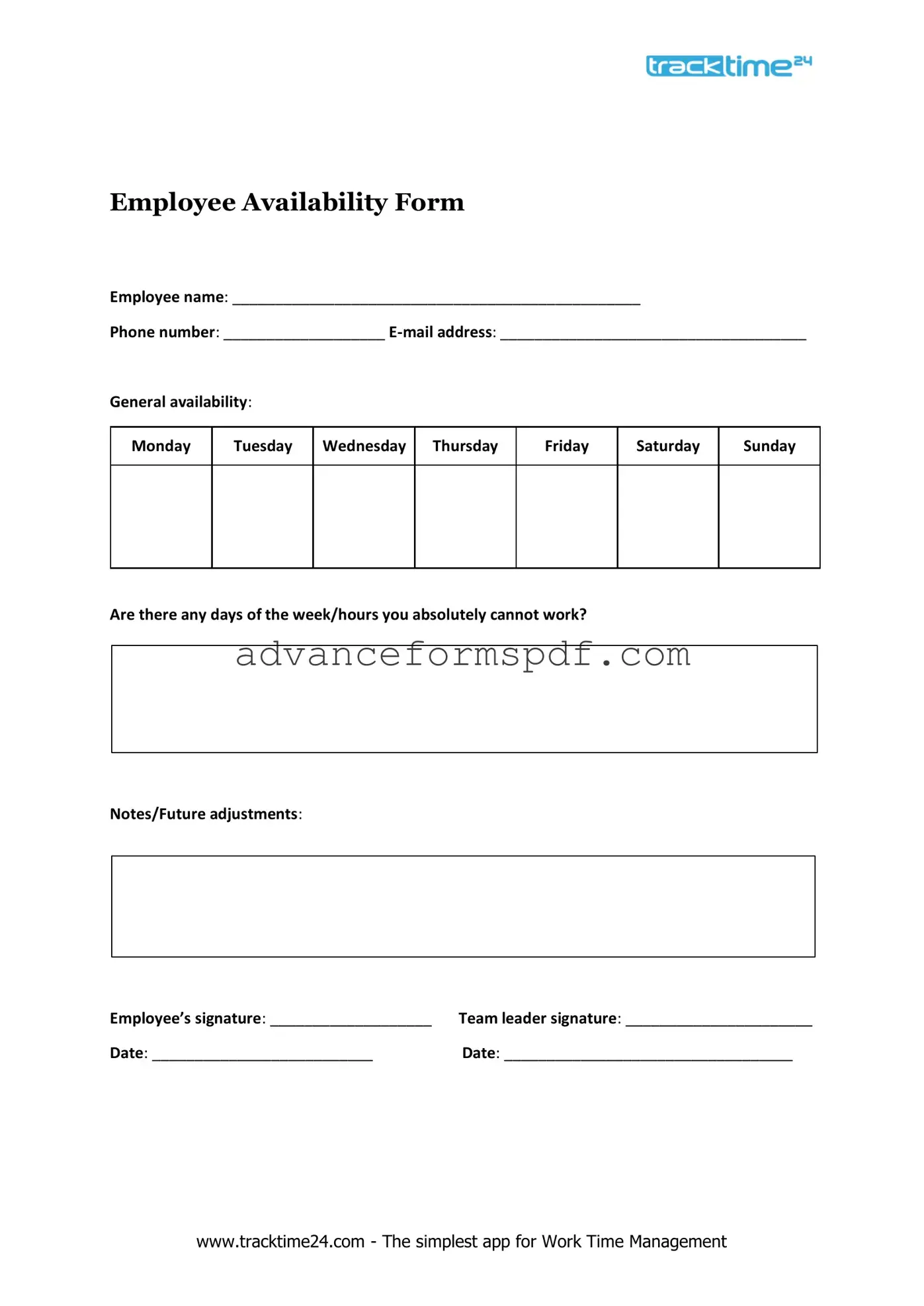 Download Employee Availability Form in PDF